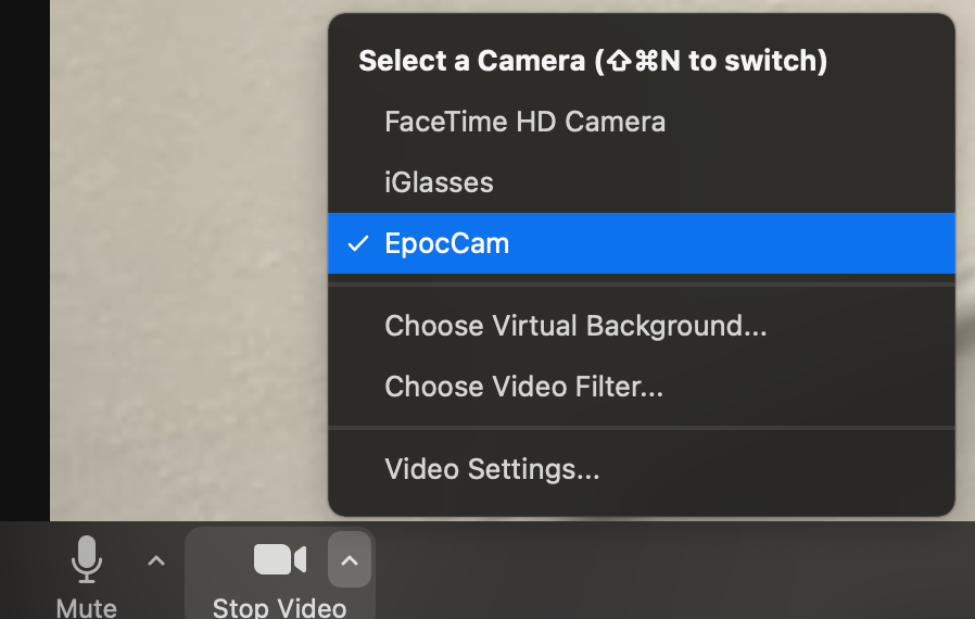 Choose EpocCam as your Camera.